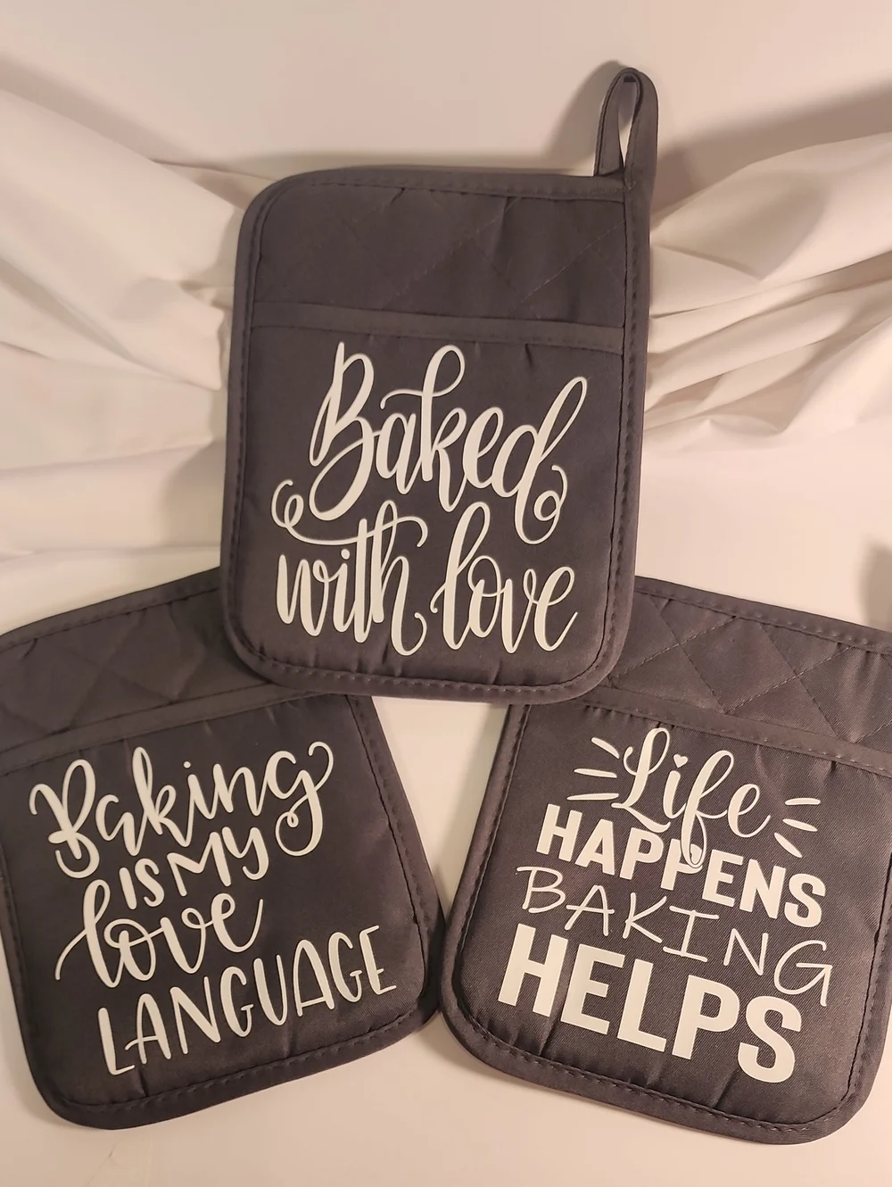 Premium Gray Cotton Pot Holders - With White Vinyl Baking Themed Sayings